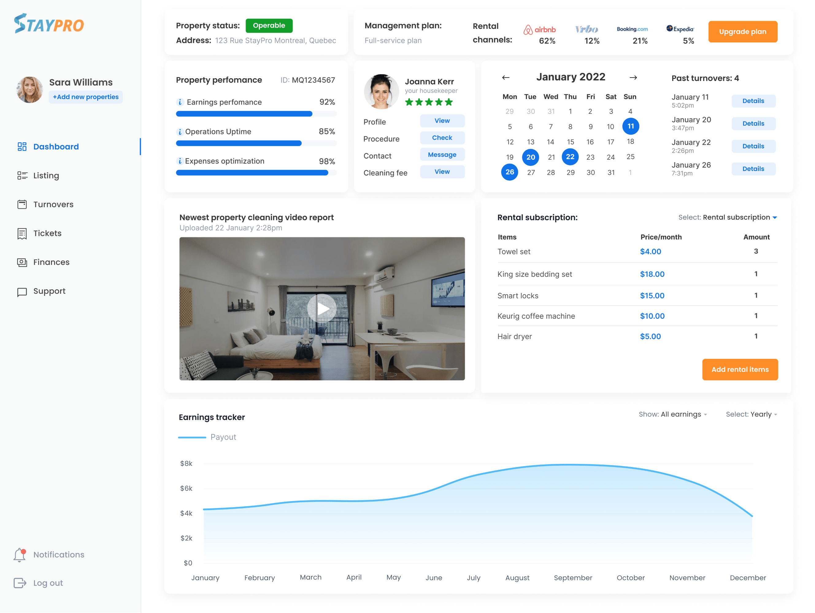StayPro Airbnb rental management platform’s short-term rental management software's dashboard